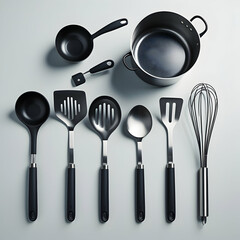 Various kitchen spatulas and utensils on grey background, flat lay

