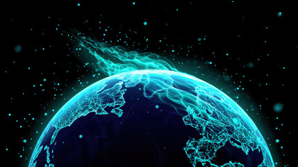 Obraz premium Digital glowing earth with network connections and flowing energy streams in space, symbolizing global communication and futuristic technology in vibrant blue tone