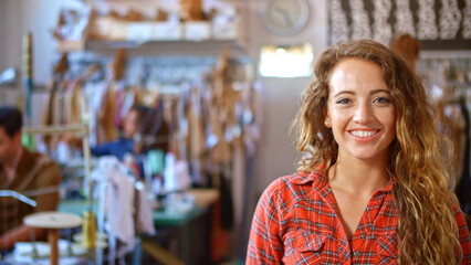 Portrait Of Smiling Female Owner Or Worker In Fashion Design Studio Walking Into Focus