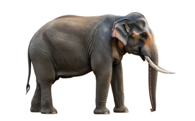Majestic asian elephant standing sideways with ivory tusks against a transparent background