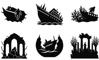 Fototapeta premium Shipwreck Silhouette – Vector Illustration of Sunken Vessel, Ocean Floor Scene, and Nautical Disaster for Marine Exploration, Adventure, and Historical Design Projects