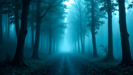 Obraz premium Mystical Forest Trail: A tranquil pathway disappears into the depths of an ethereal forest, shrouded in a gentle, cool-toned mist. The tall trees stand as silent guardians.