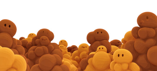 Adorable cartoon characters in playful formation with various expressions, cut out - stock png.