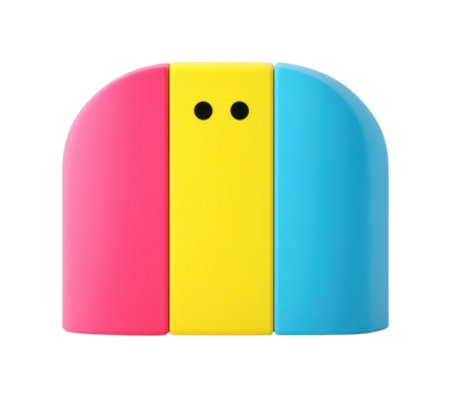 Colorful minimalist abstract shape with pink, yellow, and blue blocks, cut out - stock png.