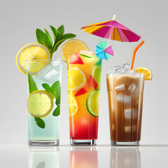 Colorful Refreshing Cocktails with Citrus Fruits, Herbs, and Ice – Perfect for Summer Celebrations

