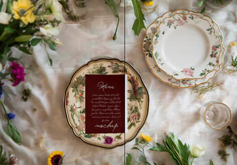 Vintage Floral Plate with Menu Card Mockup for Elegant Table Settings