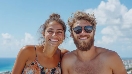 Obraz premium Happy couple enjoying sunny beach day with clear skies and ocean views