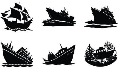 Shipwreck Silhouette – Vector Illustration of Sunken Vessel, Ocean Floor Scene, and Nautical Disaster for Marine Exploration, Adventure, and Historical Design Projects