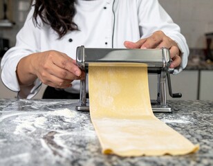 Action photo of a chef using a noodle machine to flatten dough, with fresh pasta sheets being turned into noodles, placed on a marble kitchen table