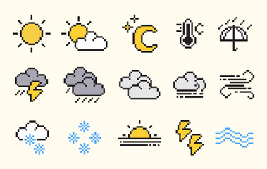set of pixel art weather  icon, pixel art style, icon and symbol such as, sunny, cloud, storm, wave, snow, winter, rainy