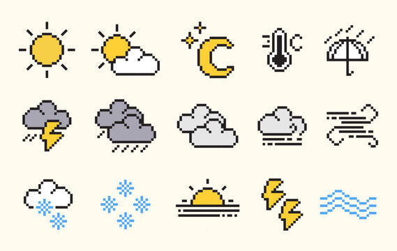 set of pixel art weather  icon, pixel art style, icon and symbol such as, sunny, cloud, storm, wave, snow, winter, rainy