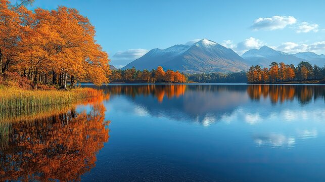 Tranquil lakes reflect the surrounding landscape like a mirror, their still surfaces creating a sense of perfect symmetry, a serene and picturesque scene