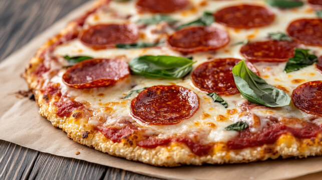 Crispy low carb pizza with cauliflower crust topped with pepperoni and fresh basil