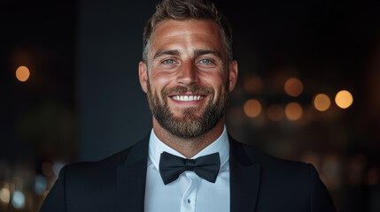 Elegant man in tuxedo smiling confidently at formal event, exuding charm and sophistication