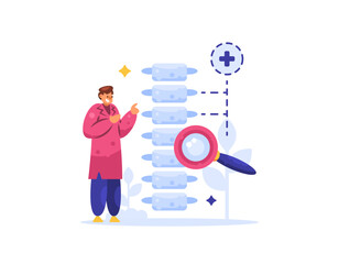 spine health concept. diagnosis and treatment of spinal disorders. Chiropractor or health professional. illustration of orthopedic doctor spine specialist with bone skeleton. flat style design