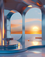 sunset-lit podium with floating abstract art shapes, silver finish, magical lighting setup