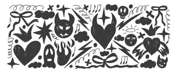 Punk breaking heart charcoal doodles set. Devil and angels black stencil crayon textured background. Scribble grunge elements. Hearts, bows and sketch shapes. Vector illustration by marker.