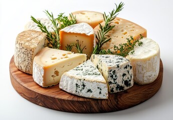Assorted Aged Cheeses with Fresh Herbs on Wooden Serving Board Displayed Elegantly for Culinary Aesthetics and Gourmet Food Styling