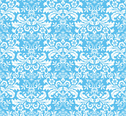 Floral pattern. Seamless vector background. Vintage wallpaper in the Baroque style. White and blue ornament for fabric, wallpaper, packaging. Ornate Damask flower illustration