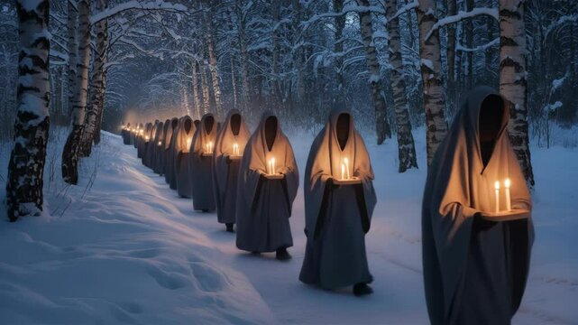 Group of people in hooded robes walking with candle lights through a snowy forest at night. Religious procession in winter woods for spirituality concept.