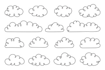Hand Drawn doodle outline clouds set. Trendy clouds icon set in line art style. Cartoon simple line clouds symbol set