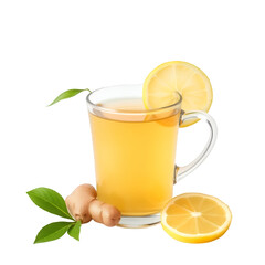 Front View Glass Mug of Golden Herbal Tea with Ginger Root and Lemon Slices Isolated on Transparent Background Clip Art