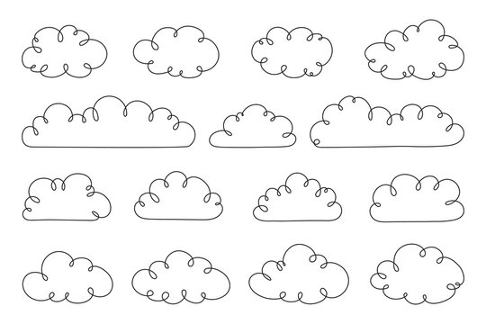 Hand Drawn doodle outline clouds set. Trendy clouds icon set in line art style. Cartoon simple line clouds symbol set