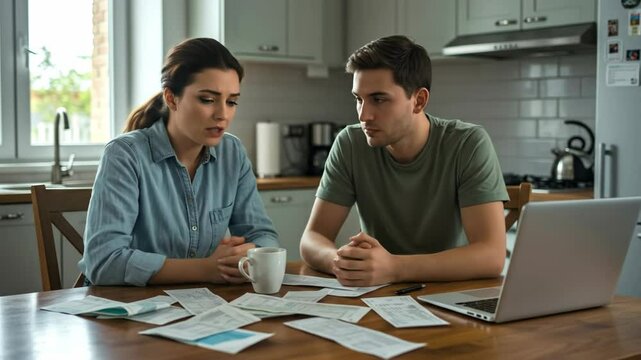 Woman arguing with man over bills. Couple review financial documents, checks online bank statements and laptop. Debt problems, banking stress concept.