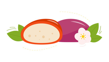 Mochi. Colorful mochi with different fillings. Japanese traditional sweet soft dessert. Mochi. Rice flour ball with bean paste. Asian sweet food. Vector illustration