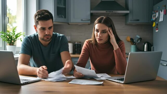 Frustrated man and woman reviewing their domestic finances together at kitchen table with laptop and bills. Financial problem, debt burden and tax concept.