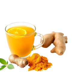 Glass Cup of Orange Liquid with Lemon Ginger and Turmeric Transparent Background Clip Art for Health Themed Projects and Culinary Blogs Front View