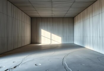 Abstract empty modern concrete room, diagonal walls, rough floor, indirect side lighting, interior, stock photo