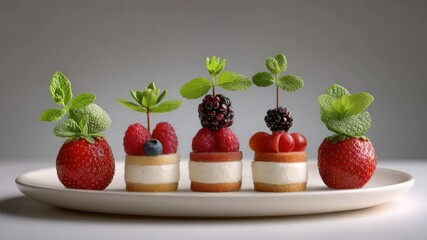 a row of artistically arranged, delectable fruit pastries on a plate, showcasing a delightful treat for the eyes and palate