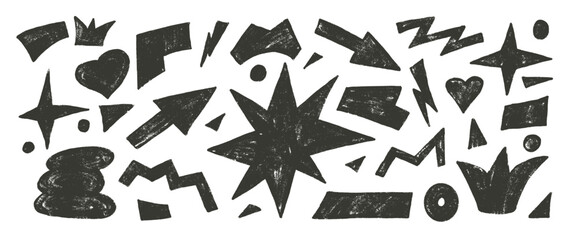 Abstract geometric shapes stencil set. Clouds, crown, arrows and vector figures by black marker. Organic charcoal squiggles stickers doodle isolated on white background. Graphic grunge elements.