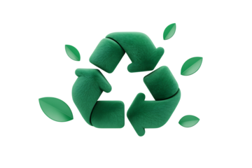 Eco-friendly recycle symbol with fluffy texture and floating green leaves on gradient background