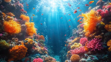 Fototapeta premium Vibrant coral reefs teem with exotic fish, turquoise waters sparkle, sunlight penetrates the depths, illuminating intricate underwater formations and swaying anemones
