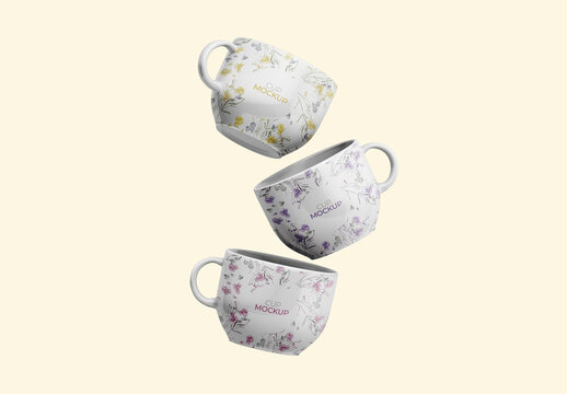 Three Porcelain Cup Floating Cups Mockup