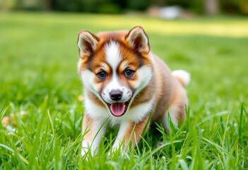 Adorable Akita Inu puppy playing outdoors in lush green grass, ears, background