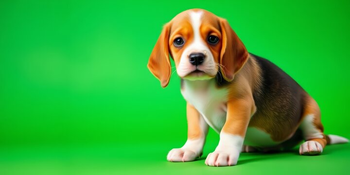 Adorable beagle puppy on green screen background, ample copy space, puppy,  cute