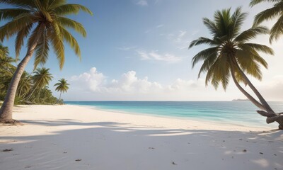 White sand beach, palm trees framing distant isle,  sunlight,  vacation