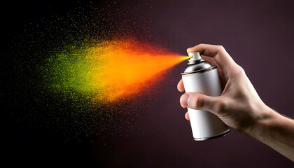 Dynamic image of a hand spraying vibrant yellow-orange paint, creating a colorful explosion effect against a dark background.  Perfect for design projects related to art, creativity, and energy.