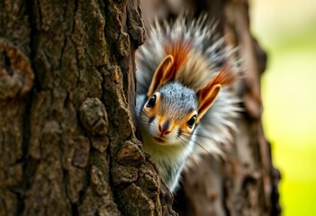 A fluffy-tailed squirrel's curious eyes peek from behind a large tree trunk, forest, grey