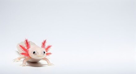 Standing Axolotl with Pink Gills on White Background