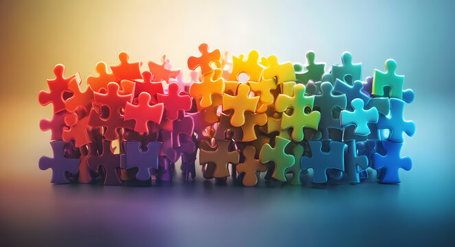 Colorful puzzle pieces form diverse group of people. Concept of teamwork, business structure. Visualizes company departments, teams. Illustrates hiring new employees. Emphasizes cooperation,