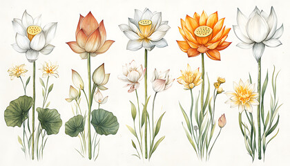 Lotus Flower Collection, Watercolor Illustration