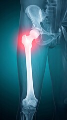 X-ray image of human hip joint with femur bone highlighting pain and anatomy for medical education and healthcare
