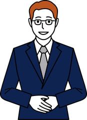 正面を向き、両手を前で重ねて話すスーツの男性