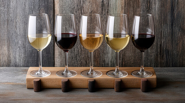 Topdown view of premium wine tasting flight showcasing various wine types
