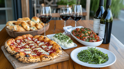 Obraz premium Delicious pizza, fresh salads, and red wine create perfect dining experience