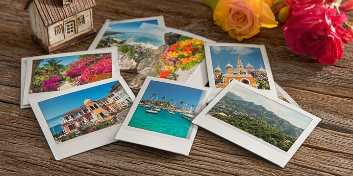 Polaroid Photo Collection on Wooden Table Featuring Travel Scenes, Islands, and Landmarks